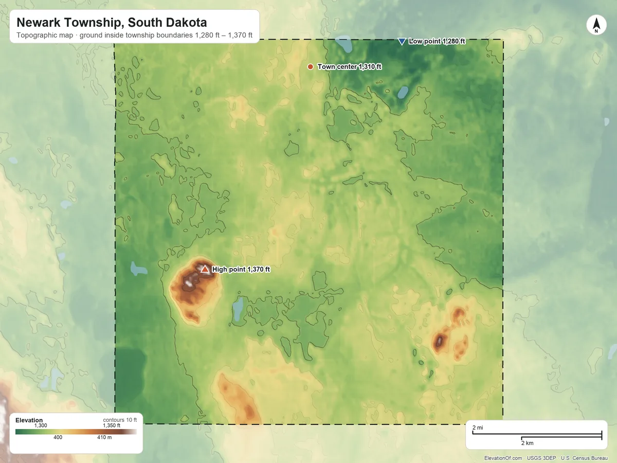 Topographic elevation map of Newark Township, South Dakota, shaded from 1,280 ft on the east side to 1,370 ft on the southwest side