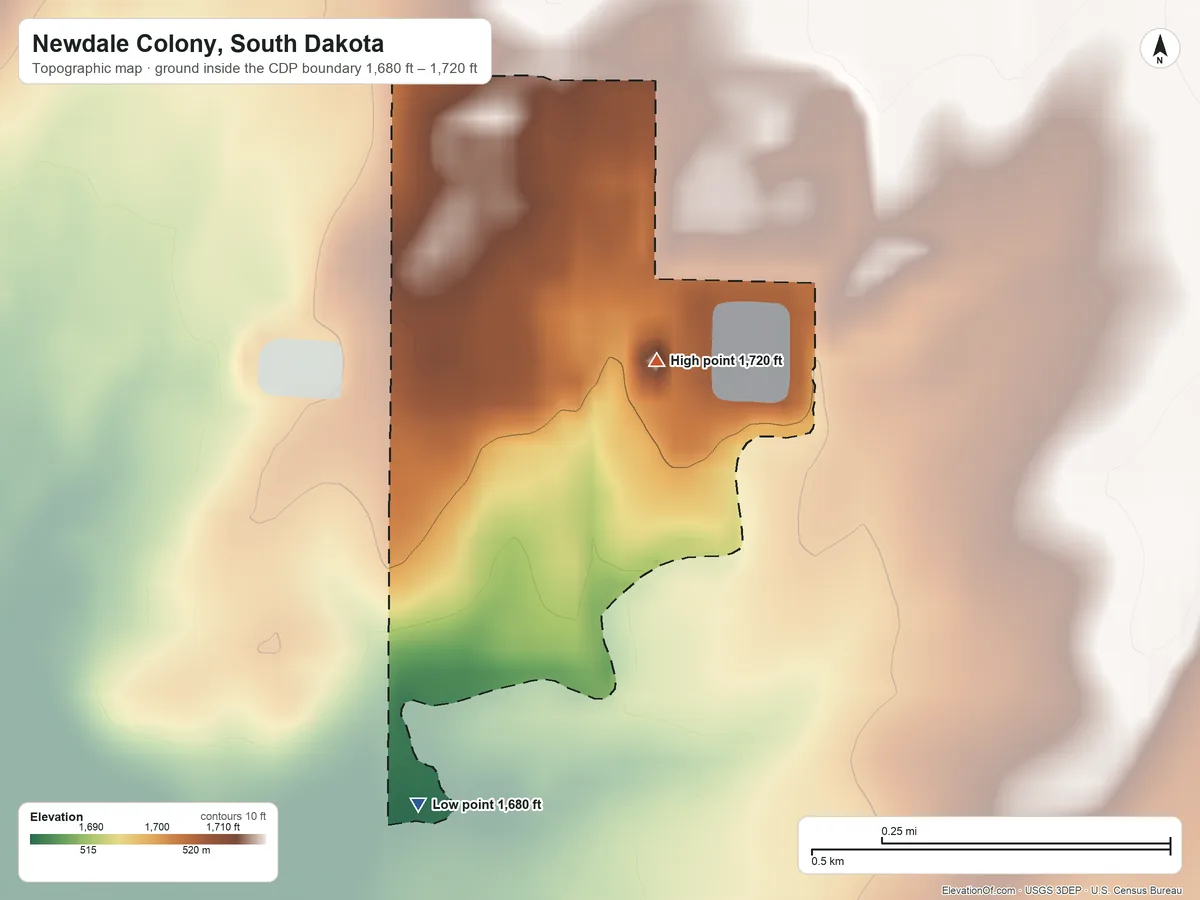 Topographic elevation map of Newdale Colony, South Dakota, shaded from 1,680 ft on the south side to 1,720 ft on the east side