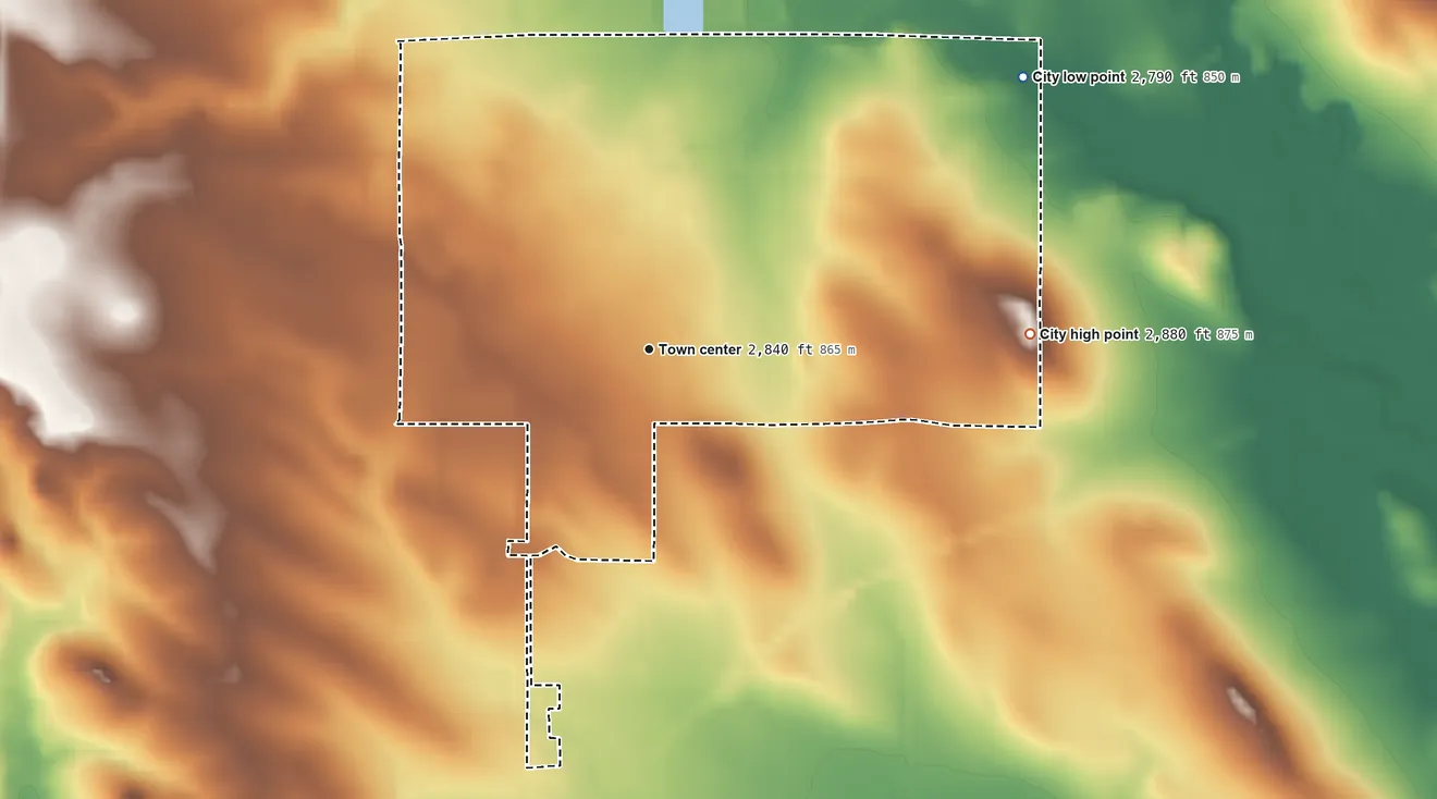 Topographic elevation map of Newell, South Dakota, shaded from 2,790 ft on the northeast side to 2,880 ft on the east side