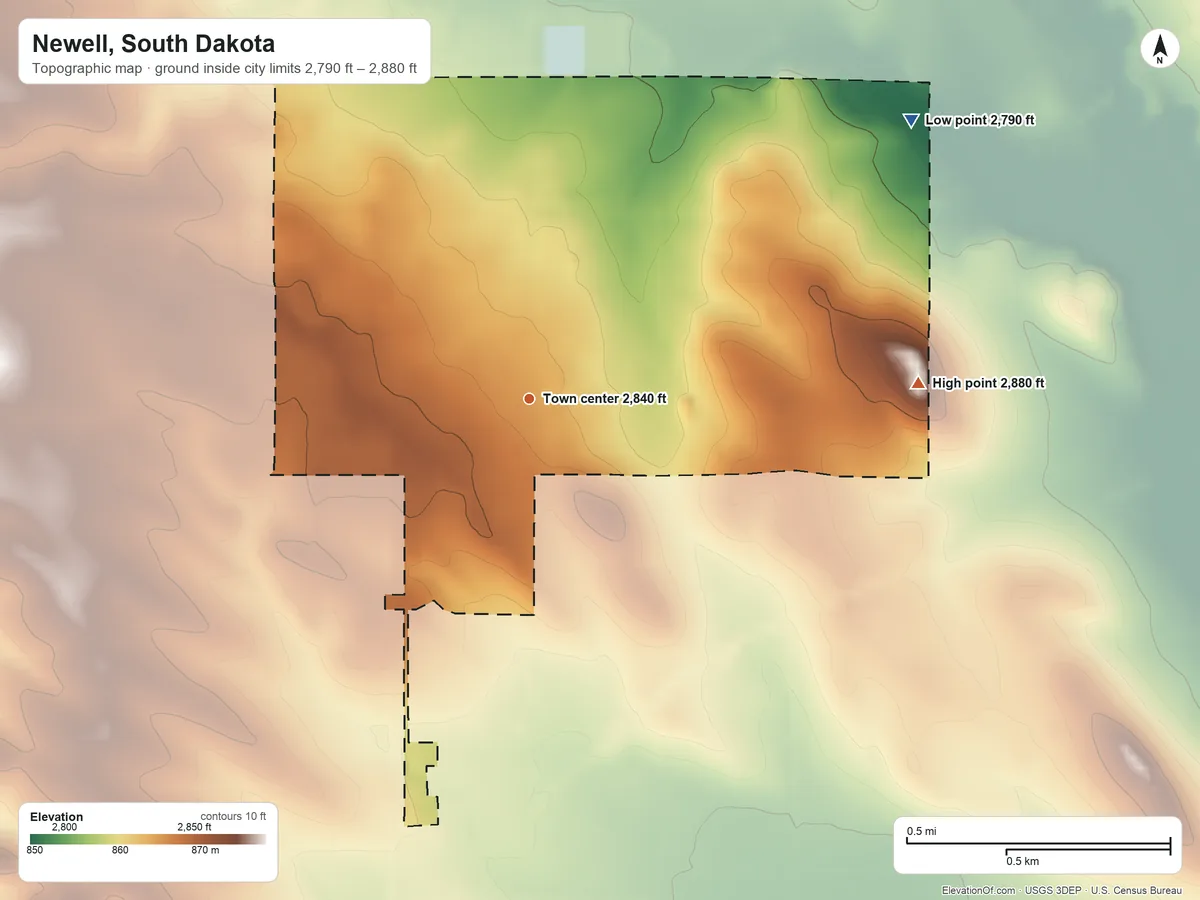 Topographic elevation map of Newell, South Dakota, shaded from 2,790 ft on the northeast side to 2,880 ft on the east side