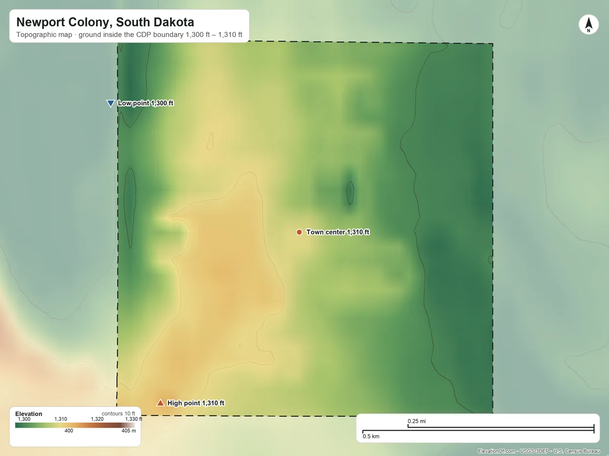 Topographic elevation map of Newport Colony, South Dakota, shaded from 1,300 ft on the northwest side to 1,310 ft on the southwest side