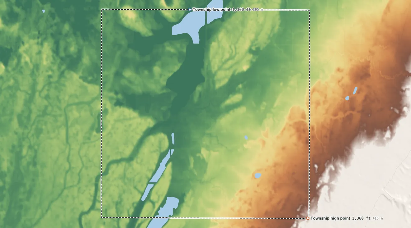 Topographic elevation map of Newport Township, South Dakota, shaded from 1,300 ft on the northwest side to 1,360 ft on the southeast side