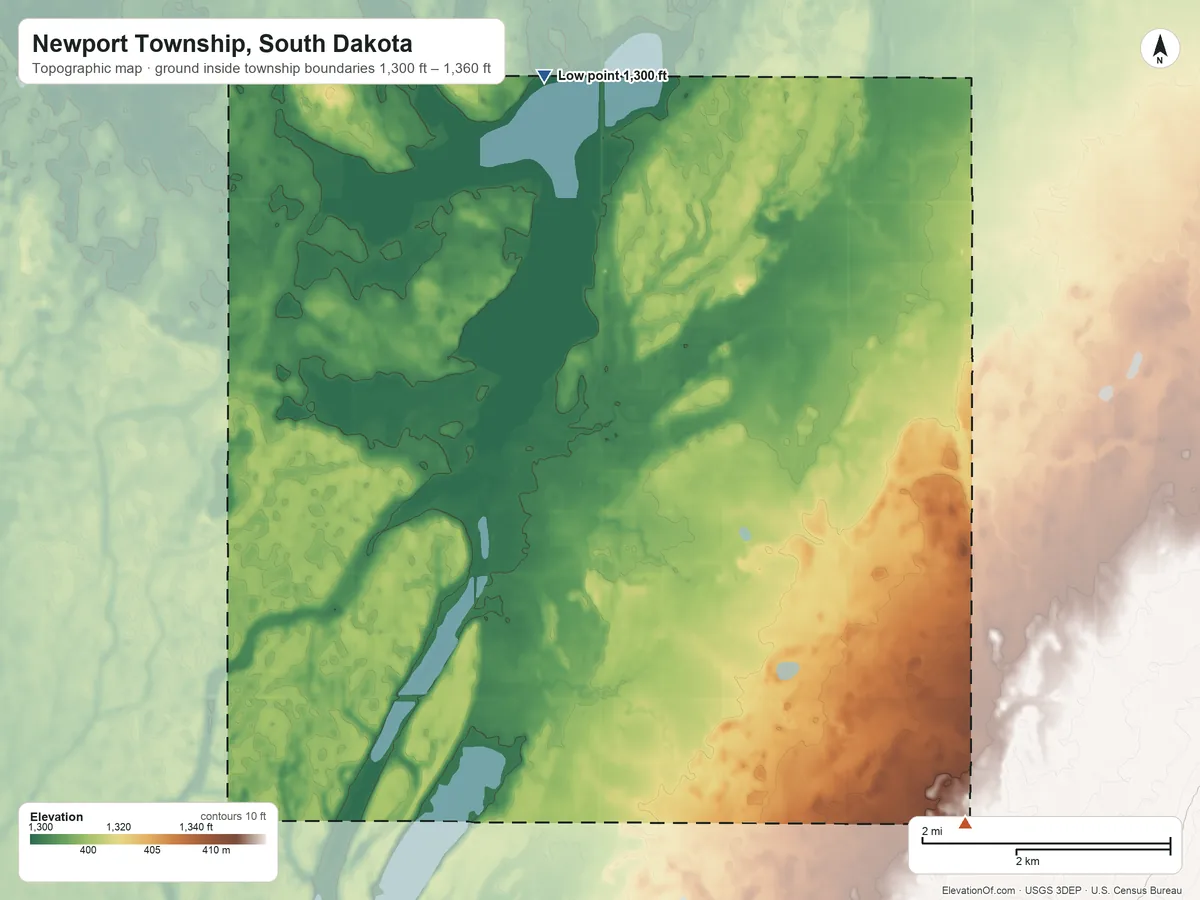 Topographic elevation map of Newport Township, South Dakota, shaded from 1,300 ft on the northwest side to 1,360 ft on the southeast side