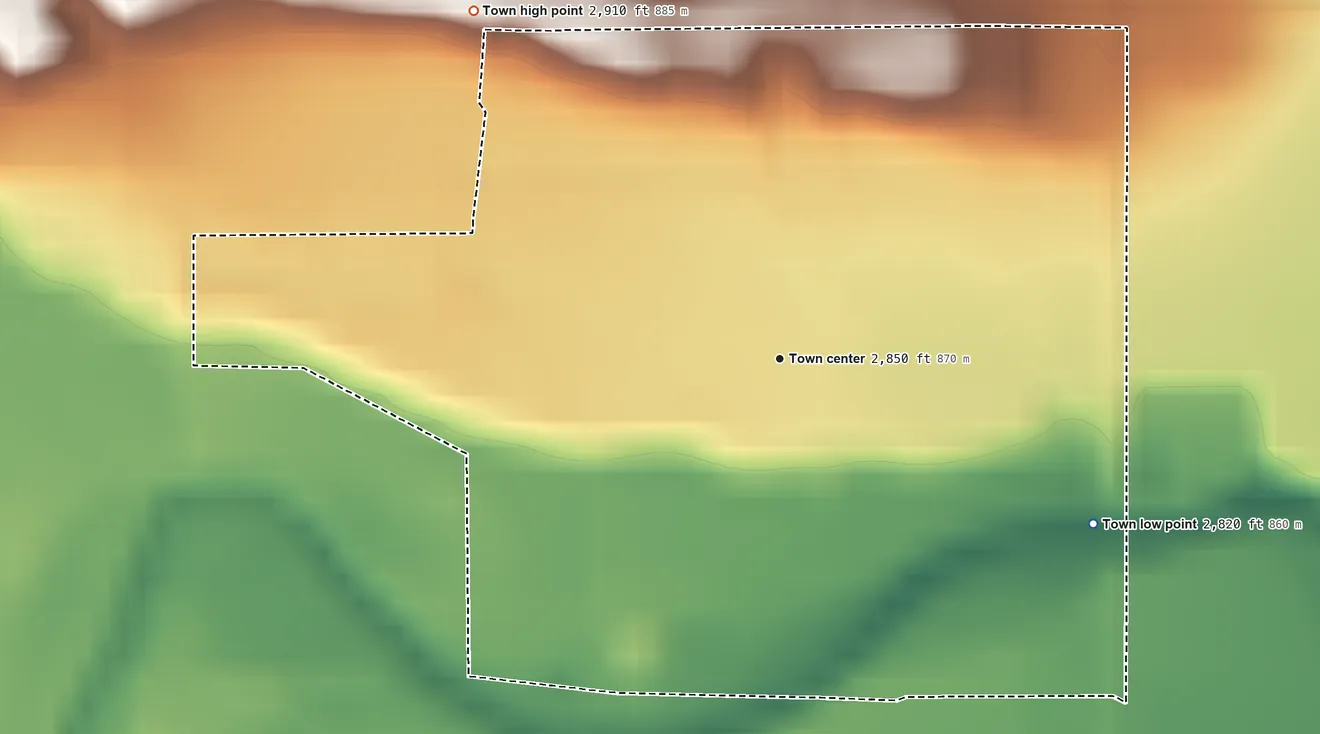 Topographic elevation map of Nisland, South Dakota, shaded from 2,820 ft on the southeast side to 2,910 ft on the northwest side
