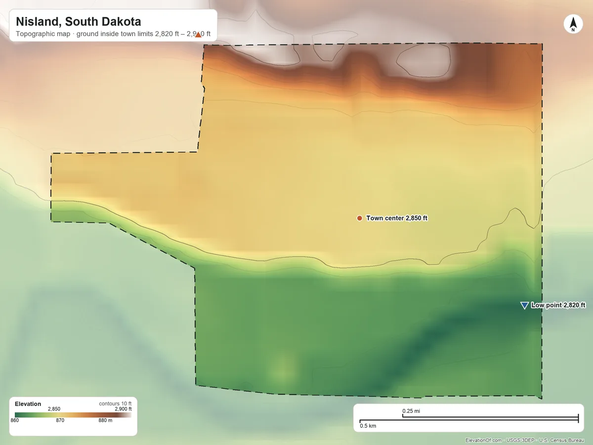 Topographic elevation map of Nisland, South Dakota, shaded from 2,820 ft on the southeast side to 2,910 ft on the northwest side