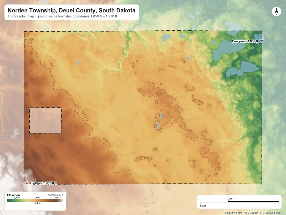 Topographic elevation map of Norden Township, Deuel County, South Dakota, shaded from 1,650 ft on the northeast side to 1,930 ft on the southwest side
