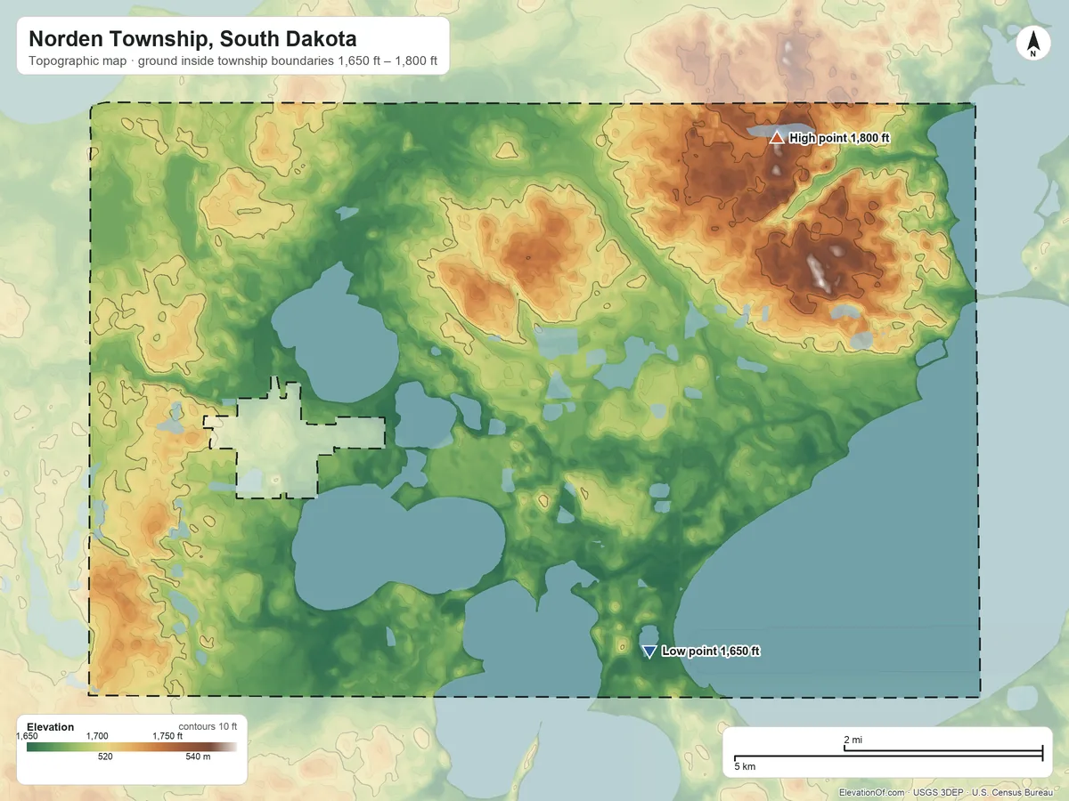 Topographic elevation map of Norden Township, South Dakota, shaded from 1,650 ft on the southeast side to 1,800 ft on the northeast side