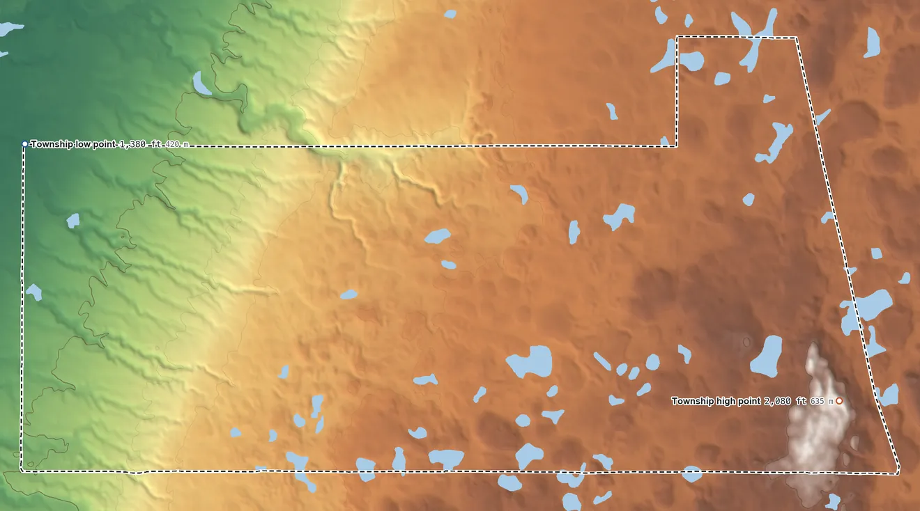 Topographic elevation map of Nordland Township, South Dakota, shaded from 1,380 ft on the west side to 2,080 ft on the southeast side
