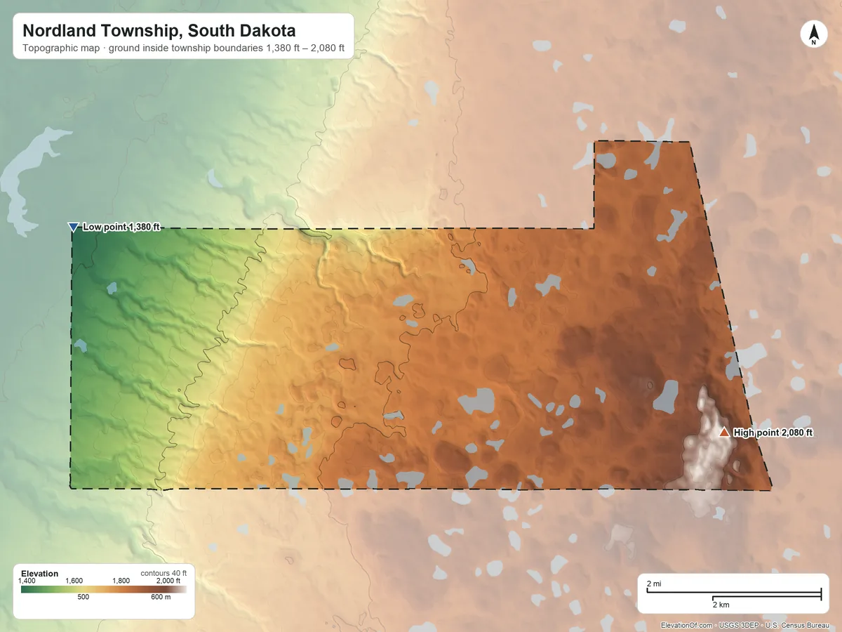 Topographic elevation map of Nordland Township, South Dakota, shaded from 1,380 ft on the west side to 2,080 ft on the southeast side