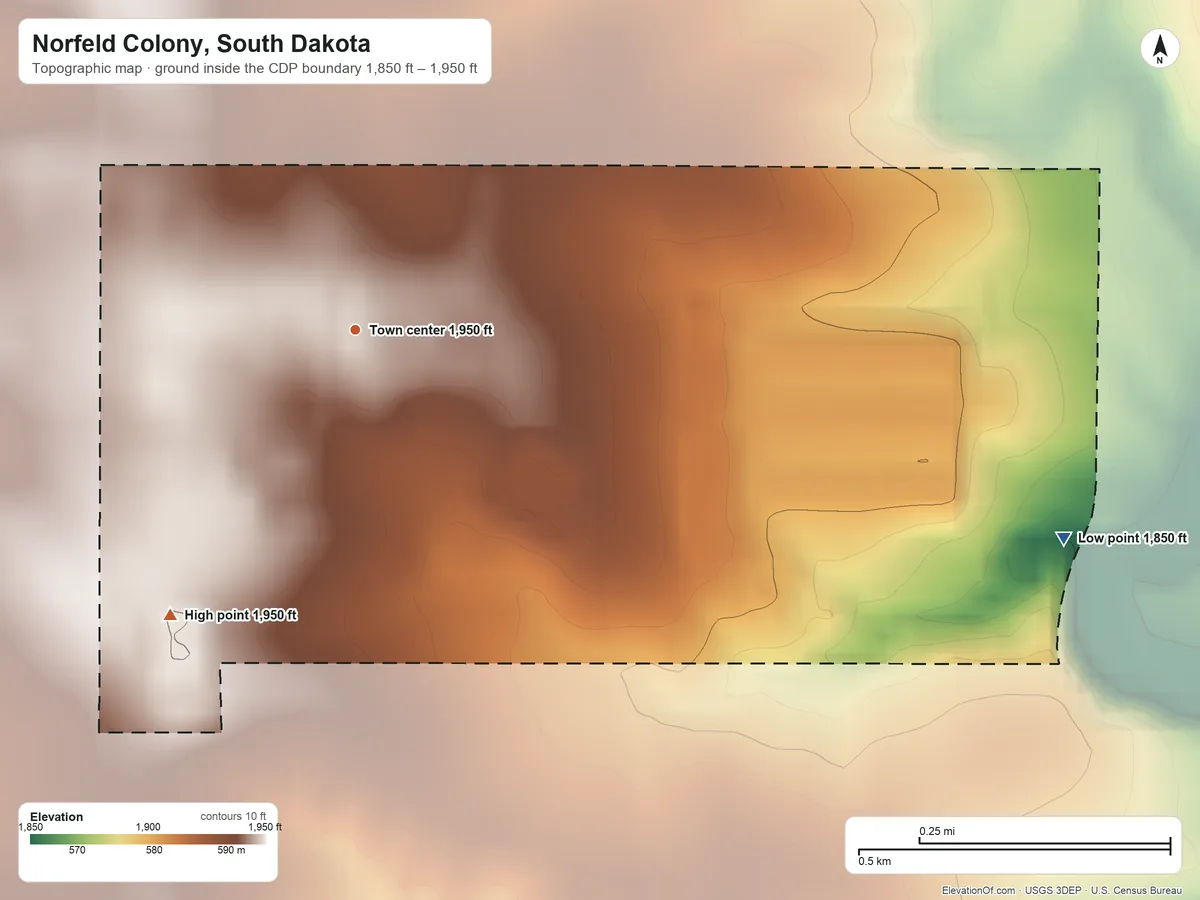 Topographic elevation map of Norfeld Colony, South Dakota, shaded from 1,850 ft on the east side to 1,950 ft on the southwest side