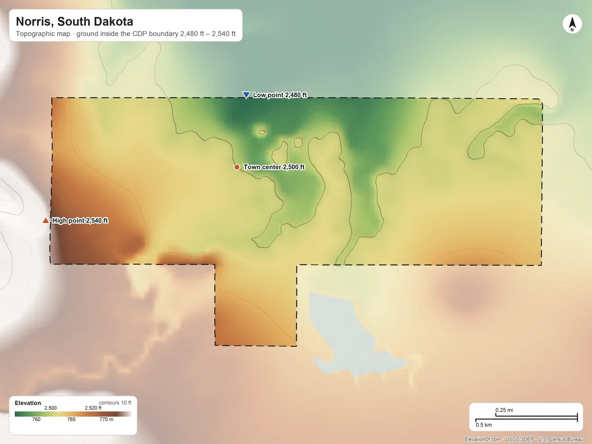 Topographic elevation map of Norris, South Dakota, shaded from 2,480 ft on the north side to 2,540 ft on the west side