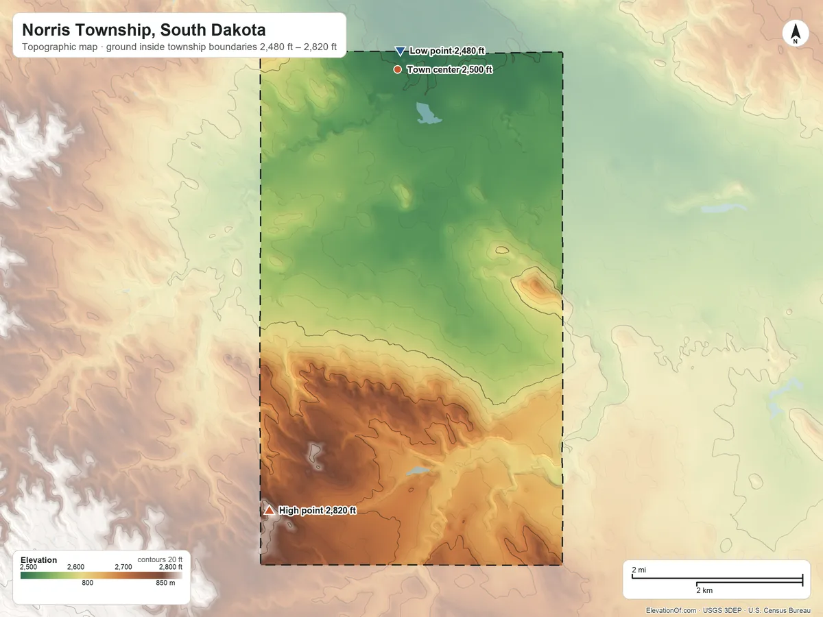 Topographic elevation map of Norris Township, South Dakota, shaded from 2,480 ft near the middle to 2,820 ft on the south side