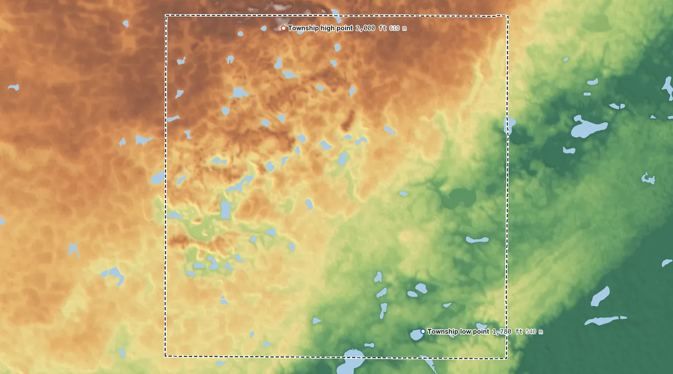 Topographic elevation map of North Bryant Township, South Dakota, shaded from 1,780 ft on the southeast side to 2,000 ft on the north side