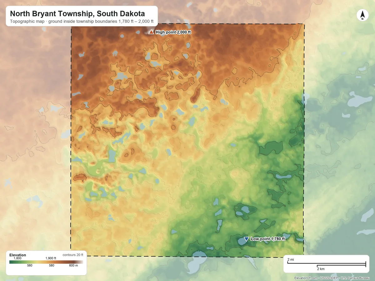 Topographic elevation map of North Bryant Township, South Dakota, shaded from 1,780 ft on the southeast side to 2,000 ft on the north side