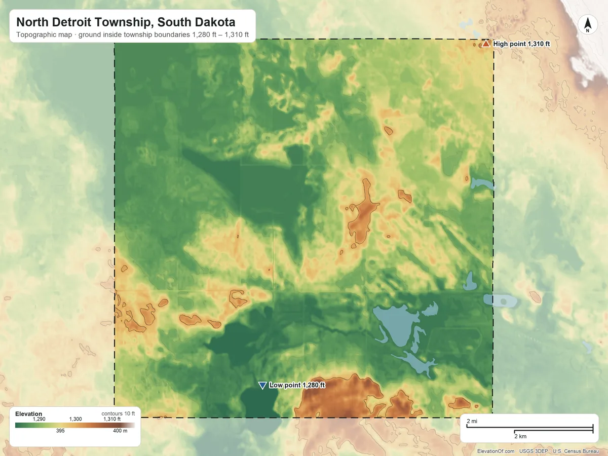 Topographic elevation map of North Detroit Township, South Dakota, shaded from 1,280 ft on the south side to 1,310 ft on the northeast side