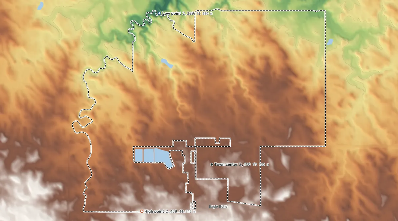 Topographic elevation map of North Eagle Butte, South Dakota, shaded from 2,230 ft on the north side to 2,430 ft on the southwest side