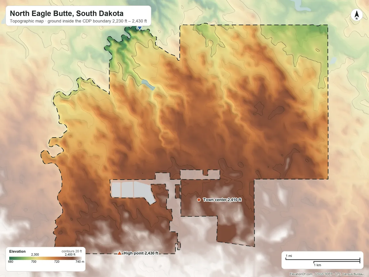 Topographic elevation map of North Eagle Butte, South Dakota, shaded from 2,230 ft on the north side to 2,430 ft on the southwest side