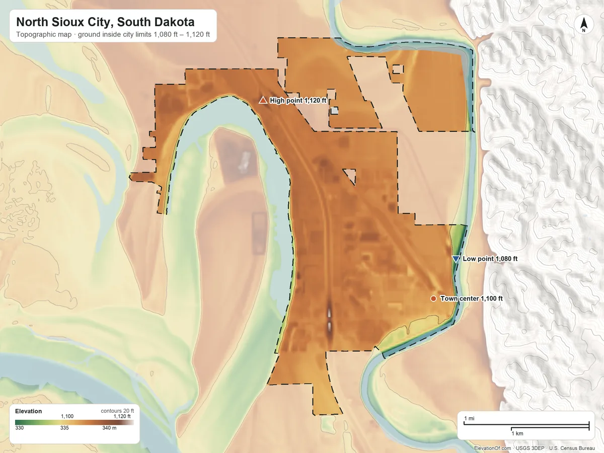 Topographic elevation map of North Sioux City, South Dakota, shaded from 1,080 ft near the middle to 1,120 ft on the northwest side