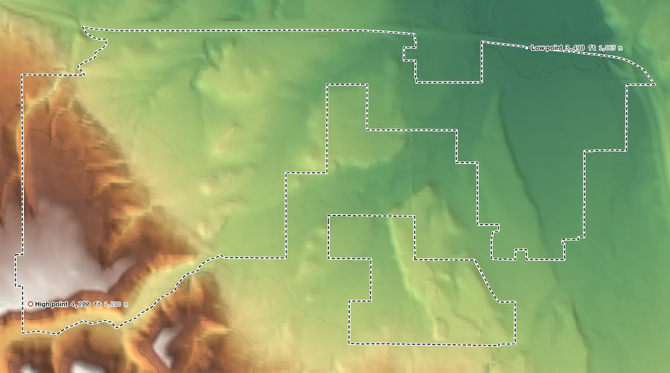 Topographic elevation map of North Spearfish, South Dakota, shaded from 3,490 ft on the north side to 4,200 ft at the foot of the Black Hills