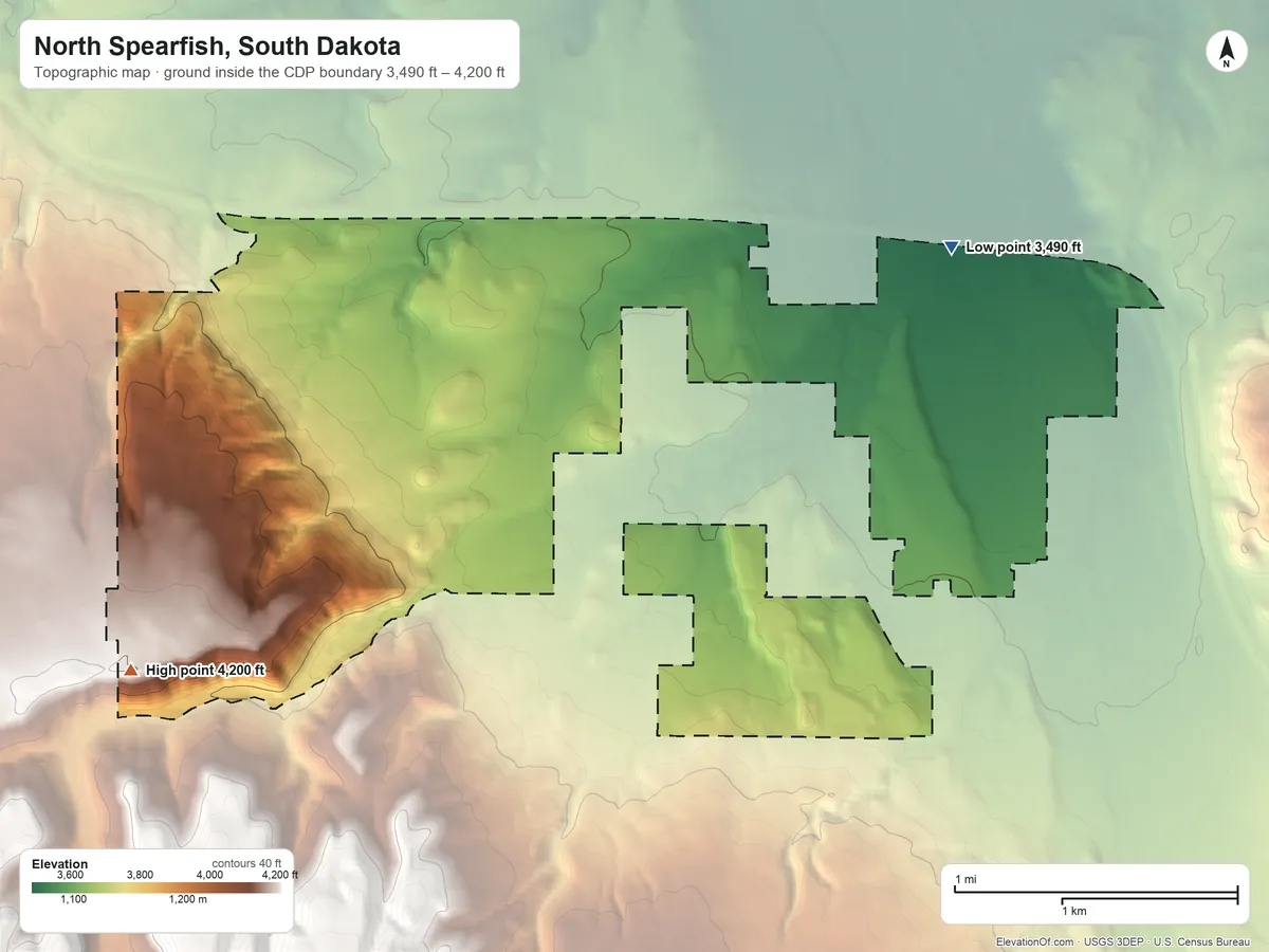 Topographic elevation map of North Spearfish, South Dakota, shaded from 3,490 ft on the north side to 4,200 ft at the foot of the Black Hills