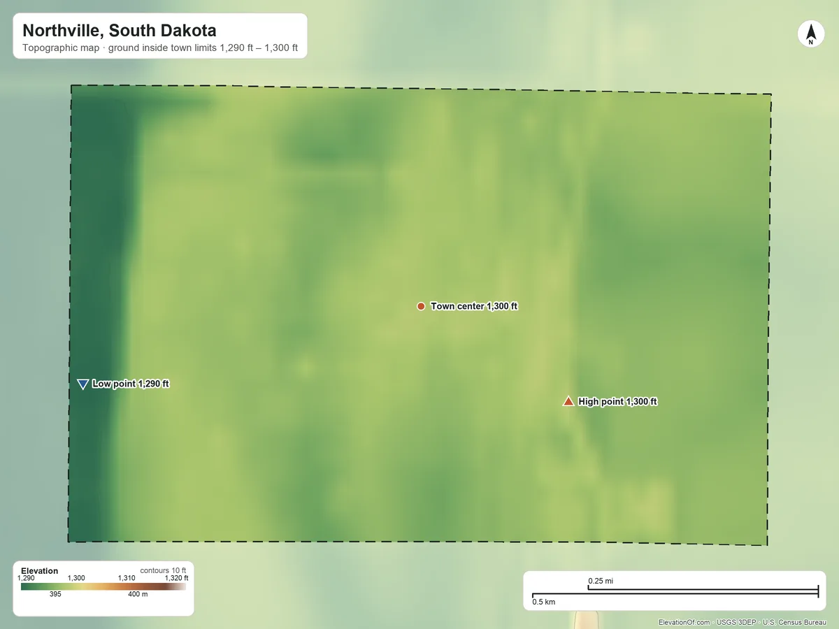 Topographic elevation map of Northville, South Dakota, shaded from 1,290 ft on the west side to 1,300 ft on the southeast side