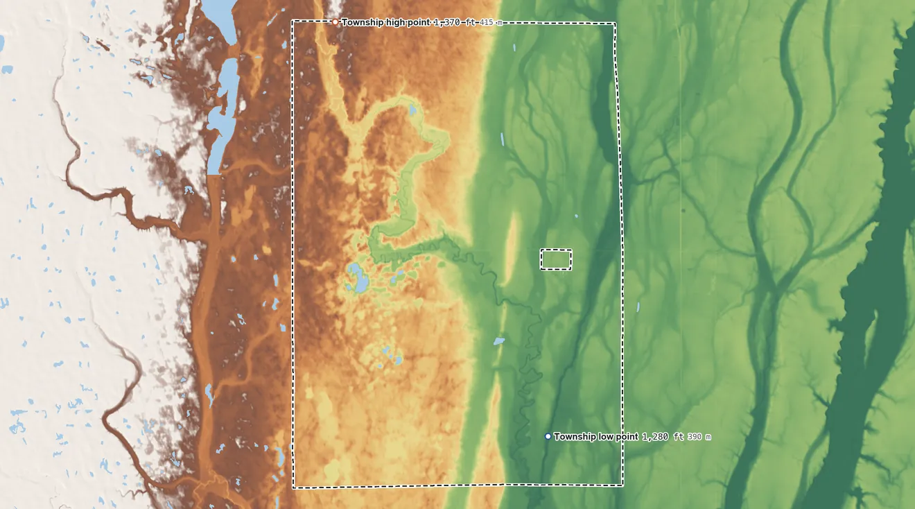 Topographic elevation map of Northville Township, South Dakota, shaded from 1,280 ft on the south side to 1,370 ft on the northwest side