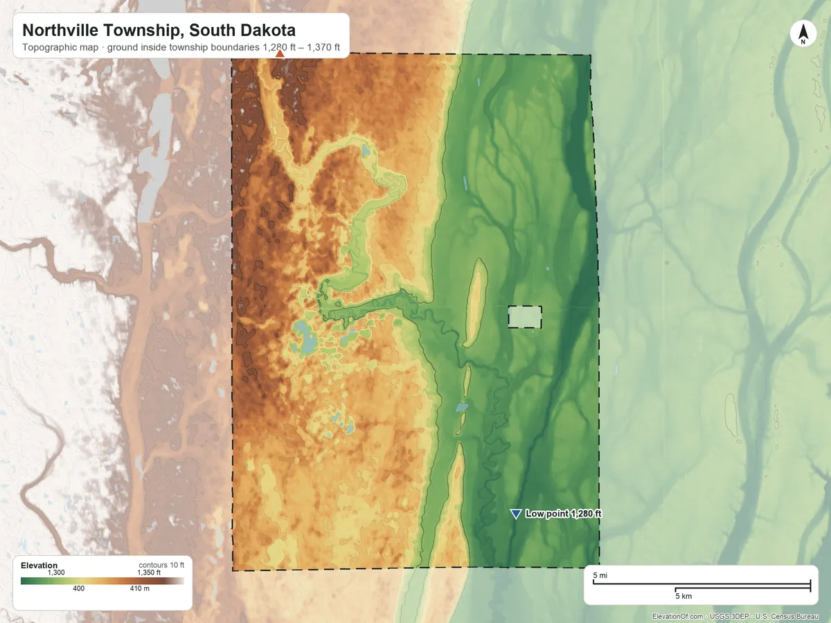 Topographic elevation map of Northville Township, South Dakota, shaded from 1,280 ft on the south side to 1,370 ft on the northwest side