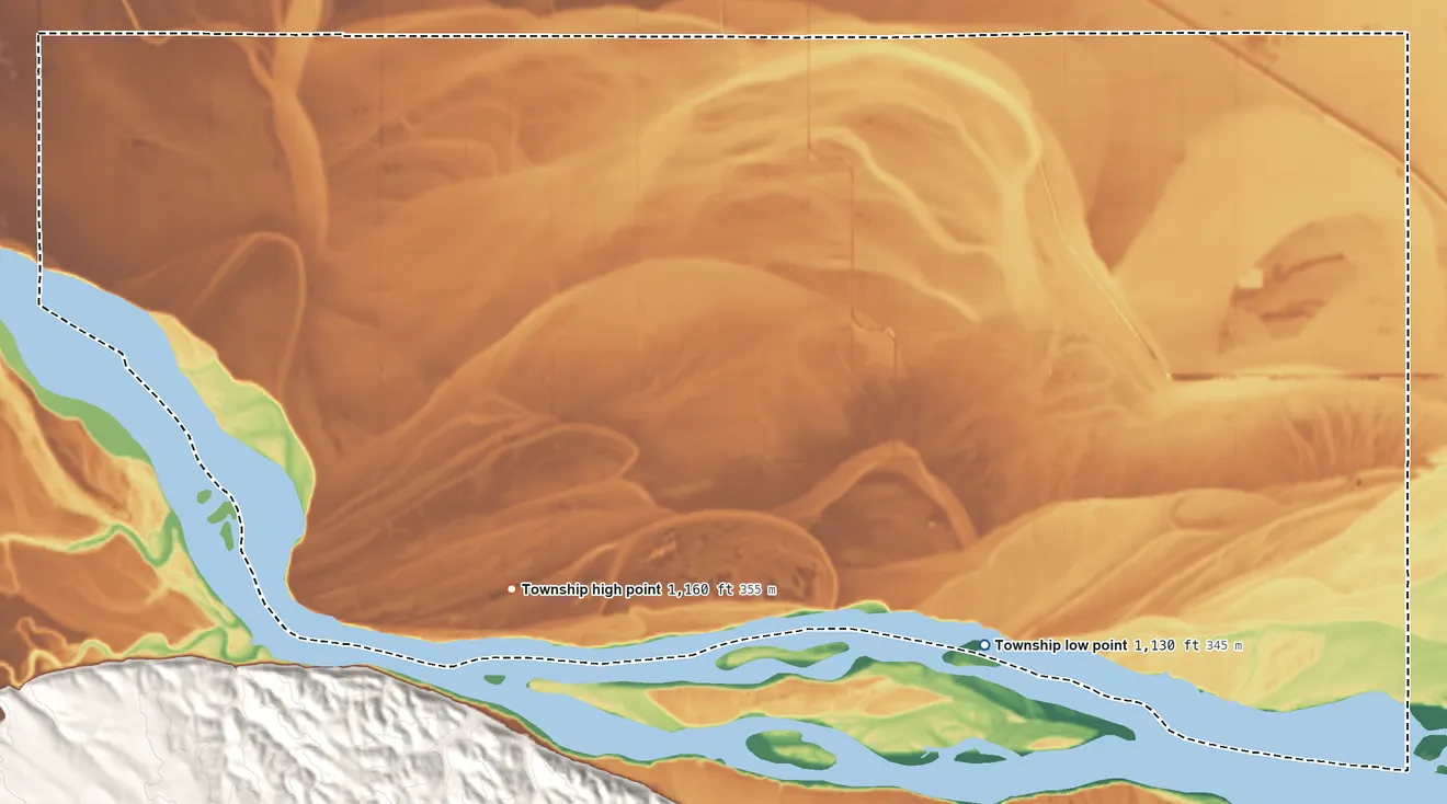 Topographic elevation map of Norway Township, Clay County, South Dakota, shaded from 1,130 ft on the southeast side to 1,160 ft on the southwest side