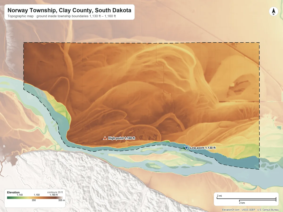 Topographic elevation map of Norway Township, Clay County, South Dakota, shaded from 1,130 ft on the southeast side to 1,160 ft on the southwest side