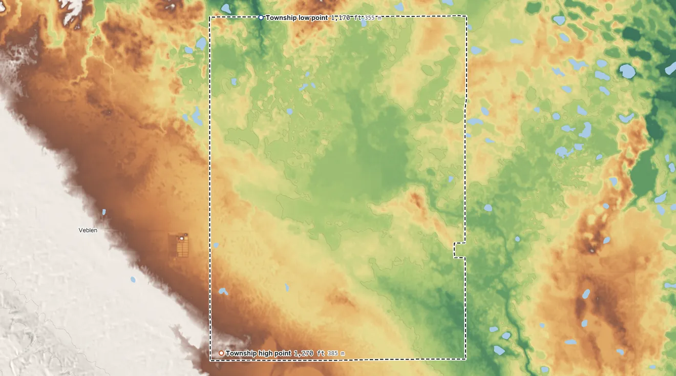 Topographic elevation map of Norway Township, Roberts County, South Dakota, shaded from 1,170 ft on the northwest side to 1,270 ft on the southwest side