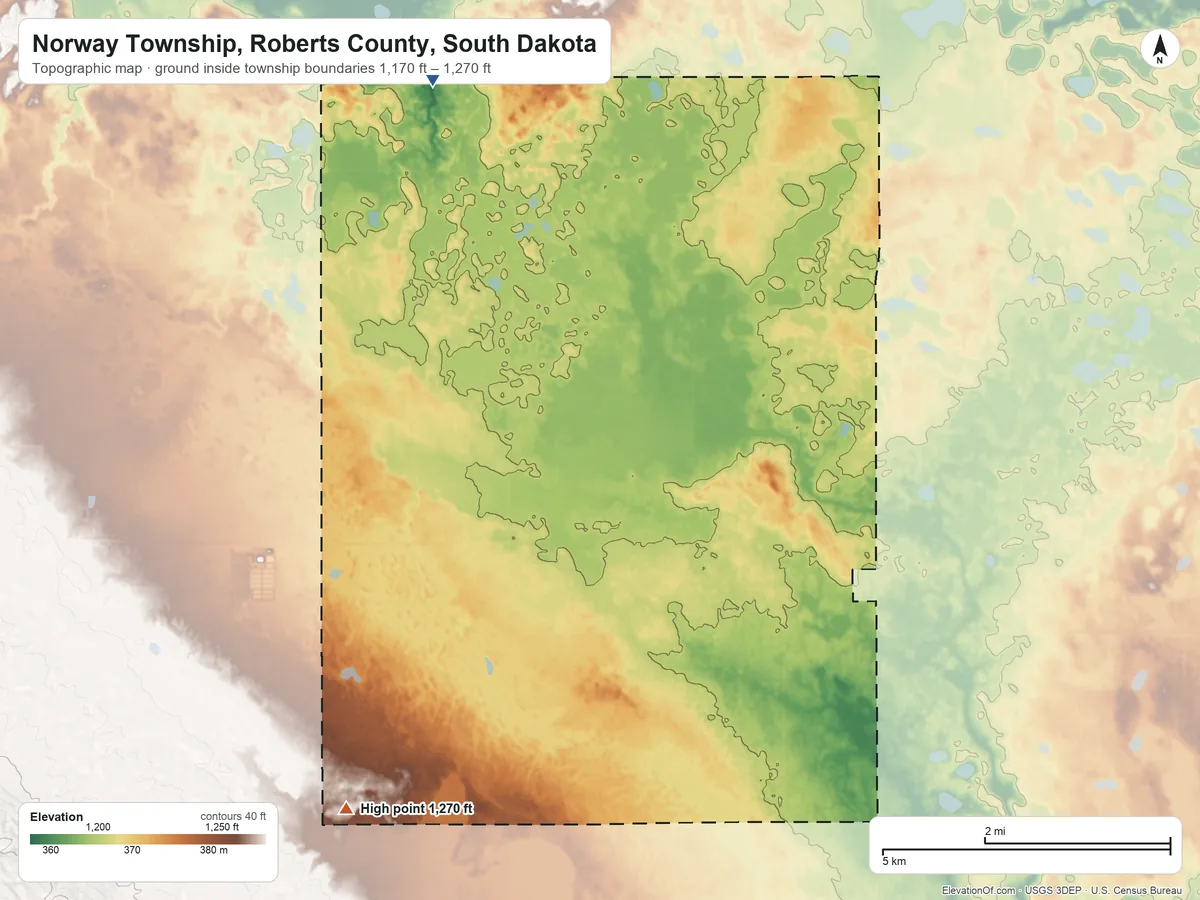 Topographic elevation map of Norway Township, Roberts County, South Dakota, shaded from 1,170 ft on the northwest side to 1,270 ft on the southwest side