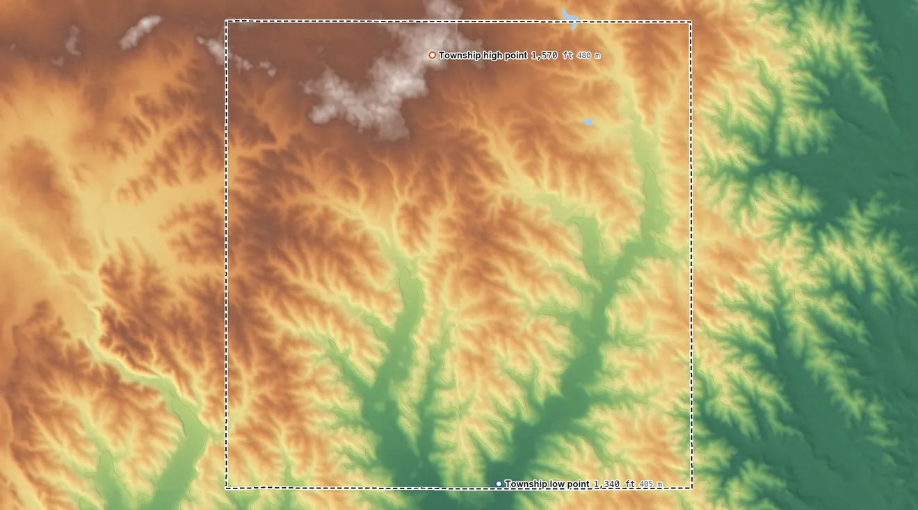 Topographic elevation map of Norway Township, South Dakota, shaded from 1,340 ft on the southeast side to 1,570 ft on the north side