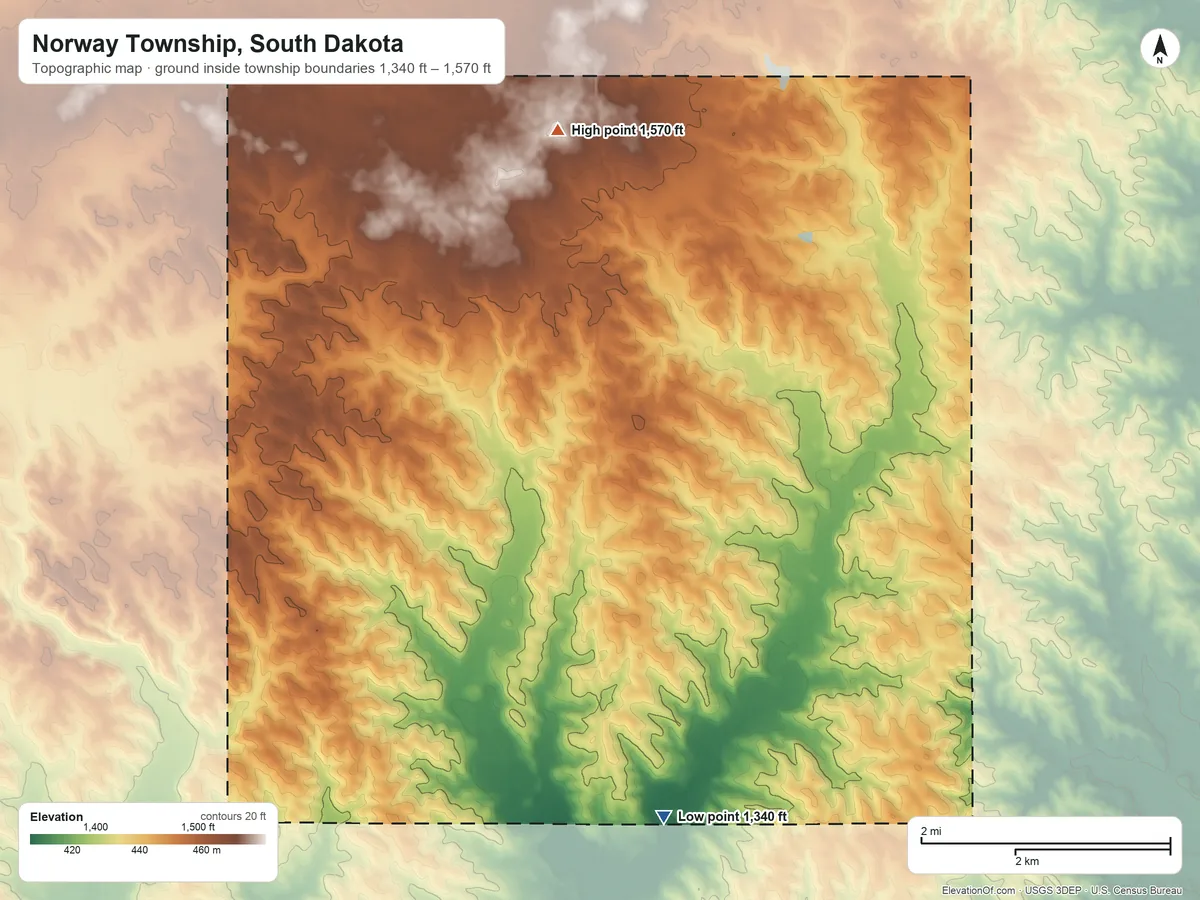 Topographic elevation map of Norway Township, South Dakota, shaded from 1,340 ft on the southeast side to 1,570 ft on the north side
