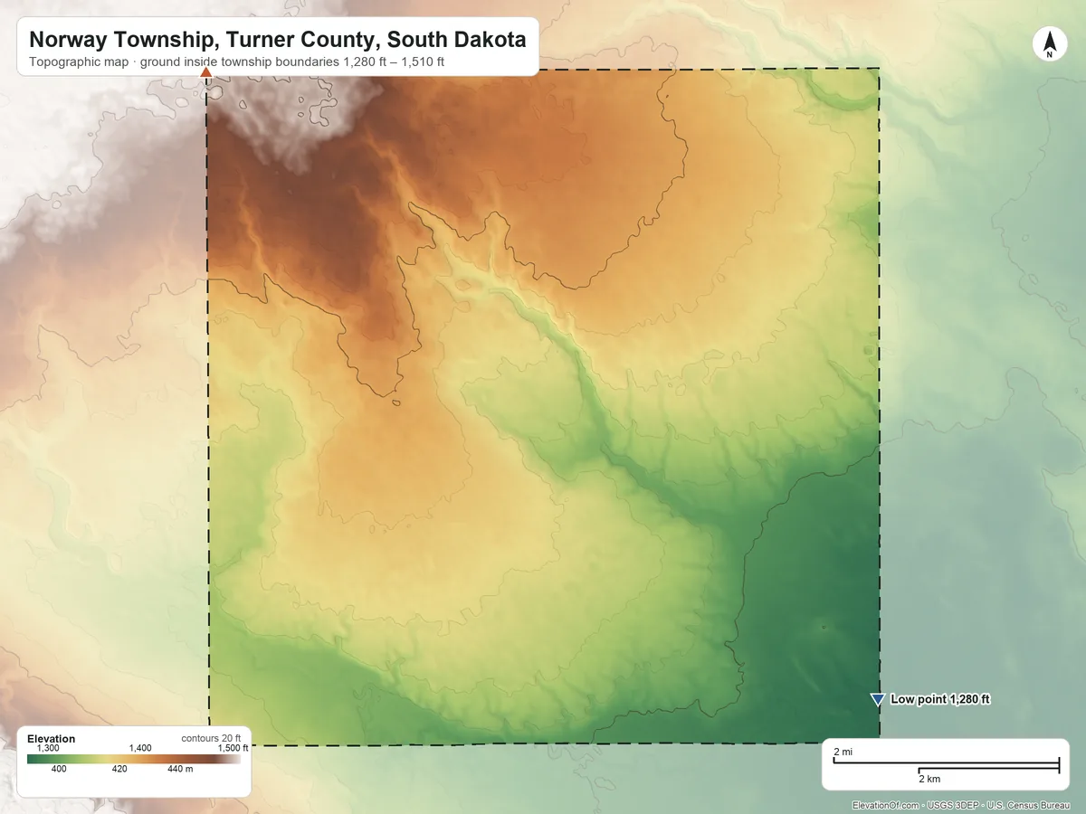 Topographic elevation map of Norway Township, Turner County, South Dakota, shaded from 1,280 ft on the southeast side to 1,510 ft on the northwest side