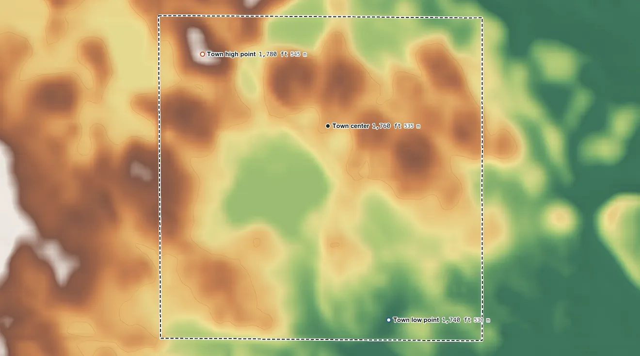 Topographic elevation map of Nunda, South Dakota, shaded from 1,740 ft on the south side to 1,780 ft on the northwest side