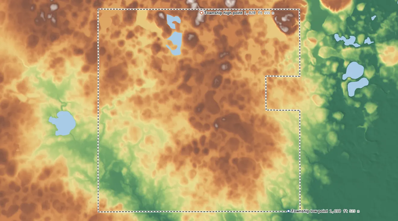 Topographic elevation map of Nunda Township, South Dakota, shaded from 1,690 ft on the southeast side to 1,820 ft on the north side