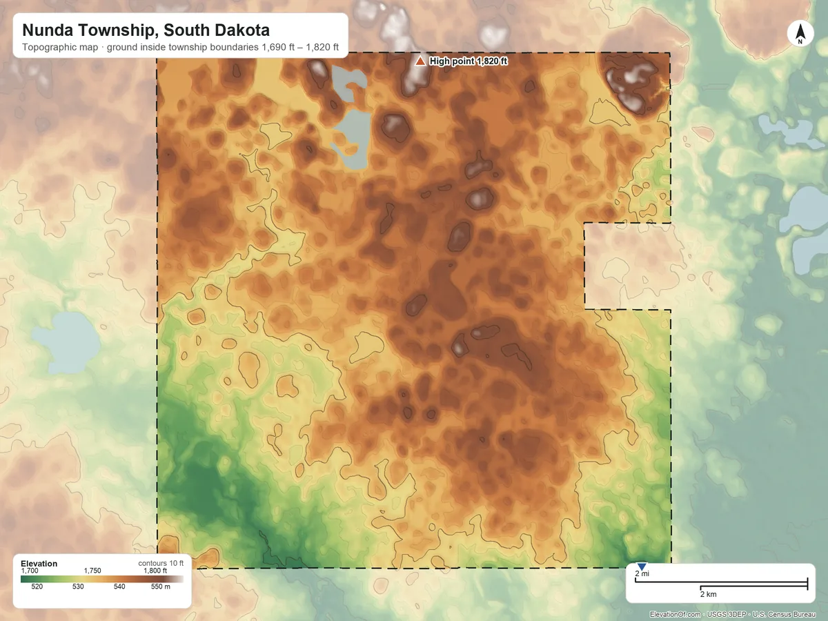 Topographic elevation map of Nunda Township, South Dakota, shaded from 1,690 ft on the southeast side to 1,820 ft on the north side
