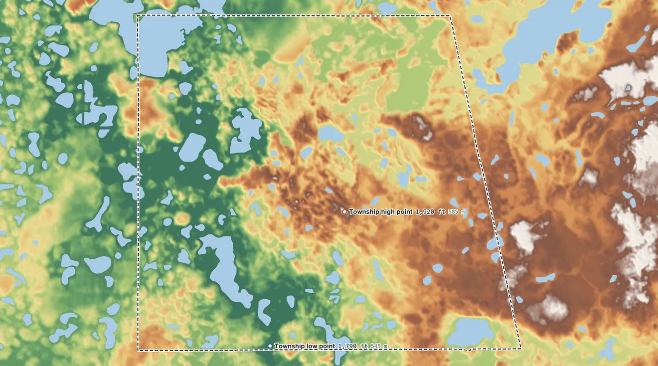 Topographic elevation map of Nutley Township, South Dakota, shaded from 1,790 ft on the south side to 1,920 ft near the middle