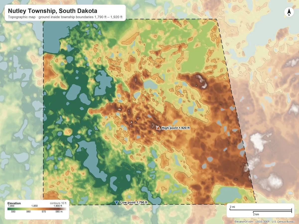 Topographic elevation map of Nutley Township, South Dakota, shaded from 1,790 ft on the south side to 1,920 ft near the middle