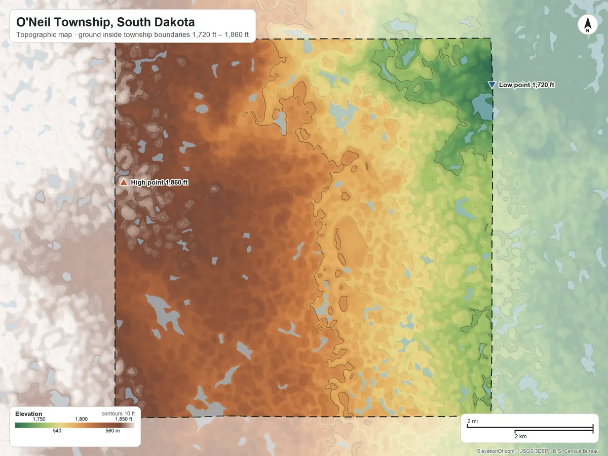 Topographic elevation map of O'Neil Township, South Dakota, shaded from 1,720 ft on the east side to 1,860 ft on the west side