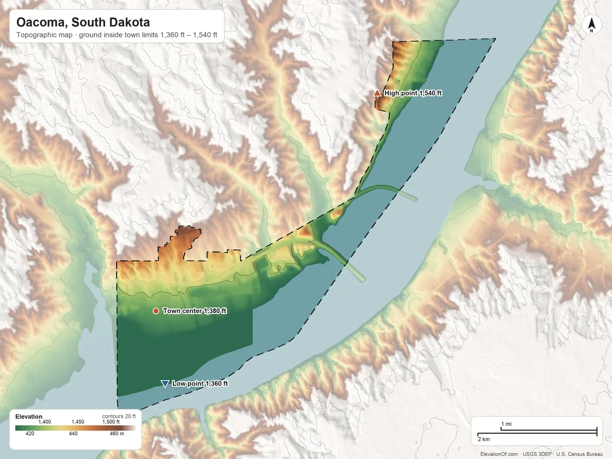 Topographic elevation map of Oacoma, South Dakota, shaded from 1,360 ft on the south side to 1,540 ft on the northeast side