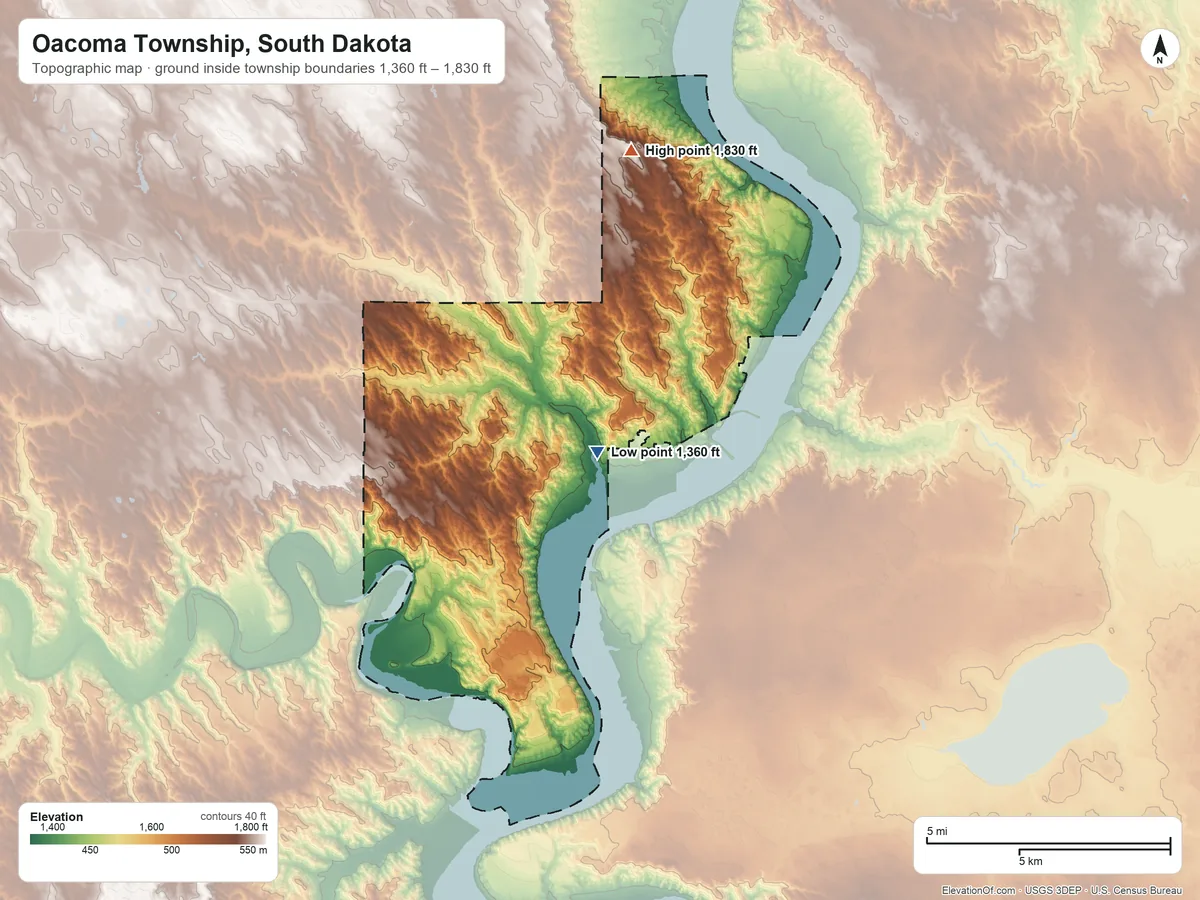 Topographic elevation map of Oacoma Township, South Dakota, shaded from 1,360 ft on the south side to 1,830 ft on the north side