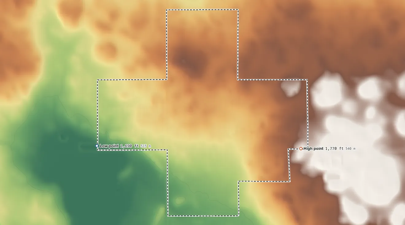 Topographic elevation map of Oahe Acres, South Dakota, shaded from 1,690 ft on the southwest side to 1,770 ft on the east side