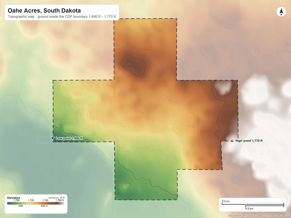 Topographic elevation map of Oahe Acres, South Dakota, shaded from 1,690 ft on the southwest side to 1,770 ft on the east side
