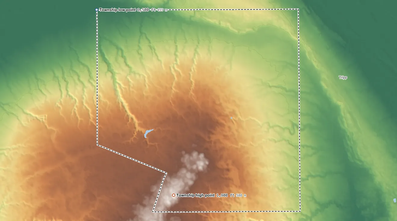 Topographic elevation map of Oak Hollow Township, South Dakota, shaded from 1,500 ft on the west side to 1,900 ft on the south side