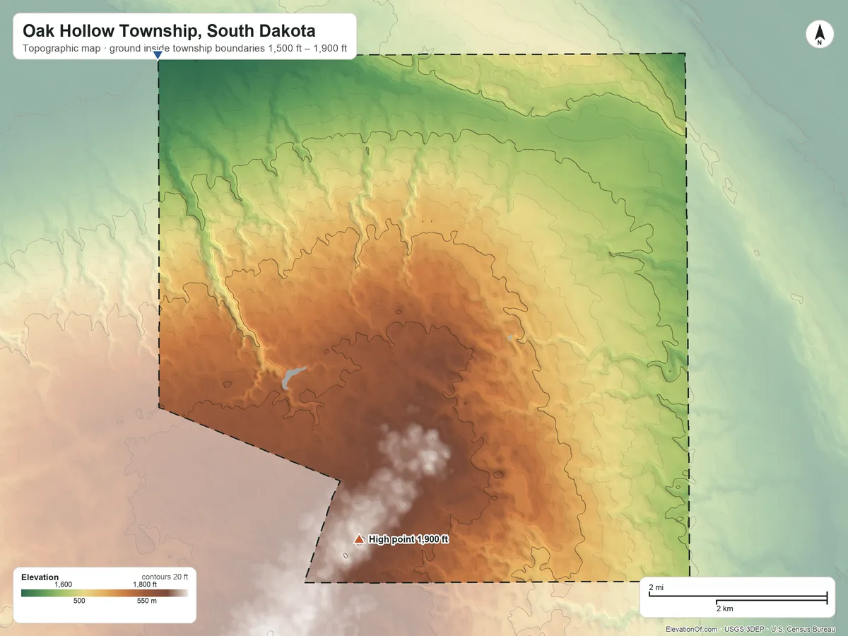 Topographic elevation map of Oak Hollow Township, South Dakota, shaded from 1,500 ft on the west side to 1,900 ft on the south side