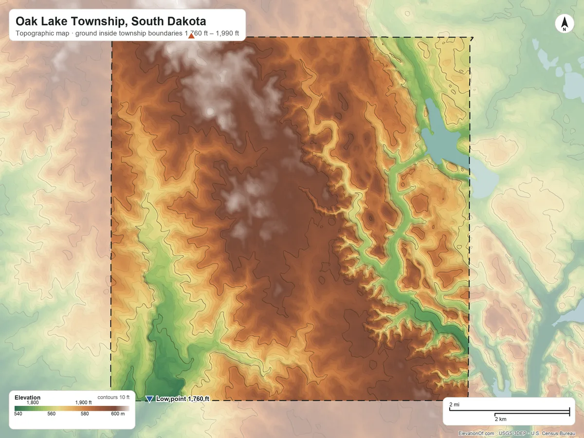 Topographic elevation map of Oak Lake Township, South Dakota, shaded from 1,760 ft on the south side to 1,990 ft on the north side