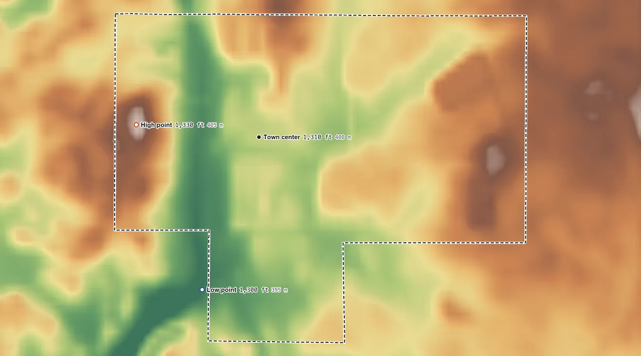 Topographic elevation map of Oak Lane Colony, South Dakota, shaded from 1,300 ft on the south side to 1,330 ft on the west side