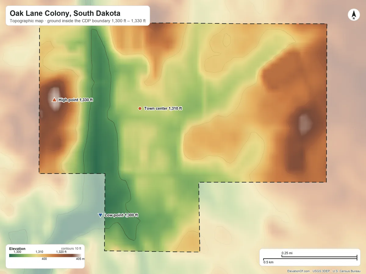 Topographic elevation map of Oak Lane Colony, South Dakota, shaded from 1,300 ft on the south side to 1,330 ft on the west side