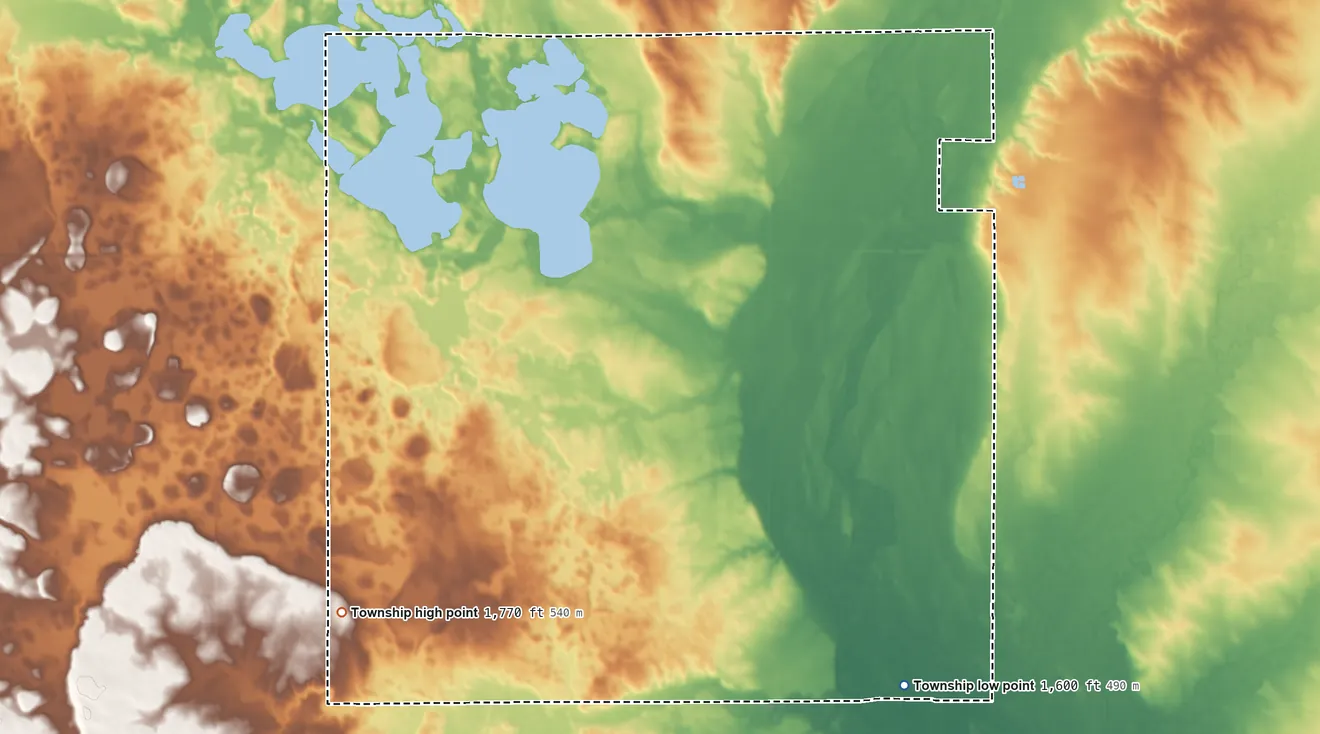 Topographic elevation map of Oakwood Township, South Dakota, shaded from 1,600 ft on the southeast side to 1,770 ft on the southwest side